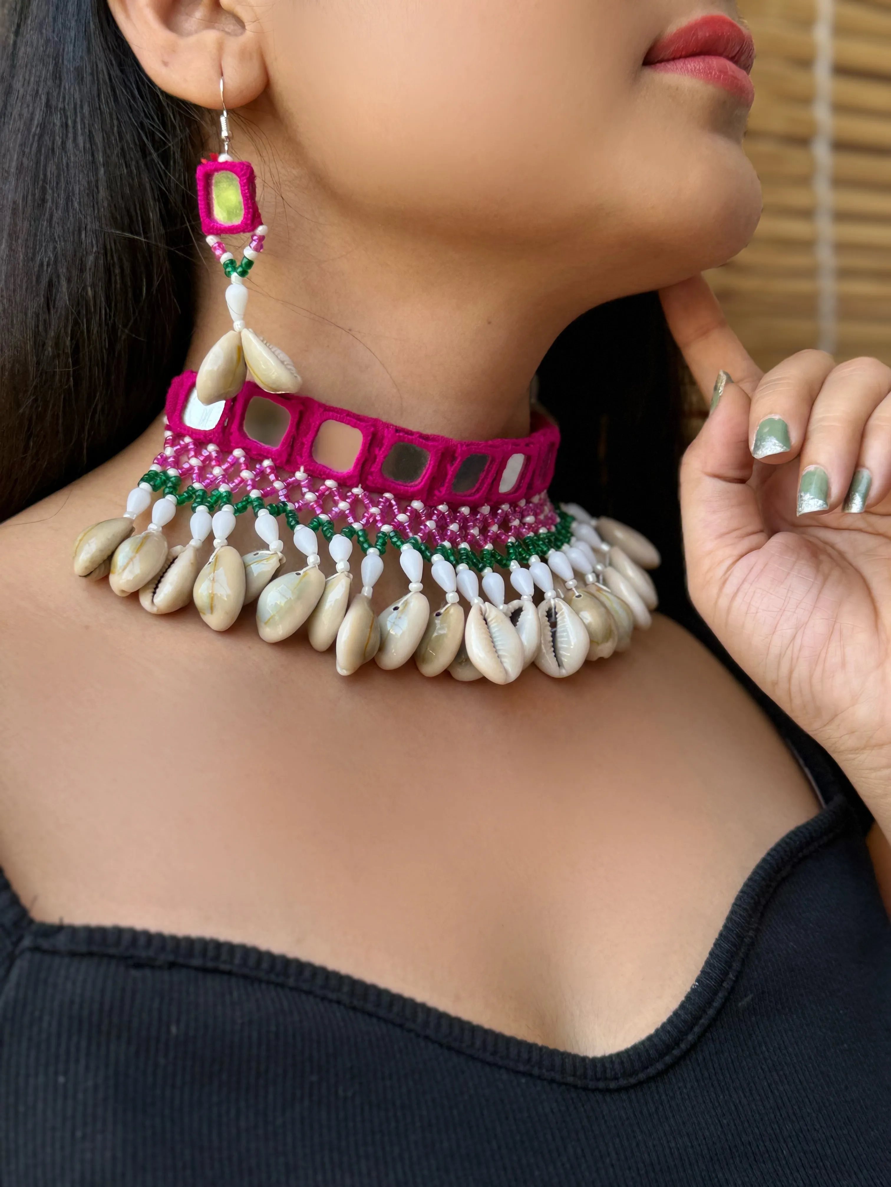 Amola Mirrorwork Fabric Choker   Earrings Set