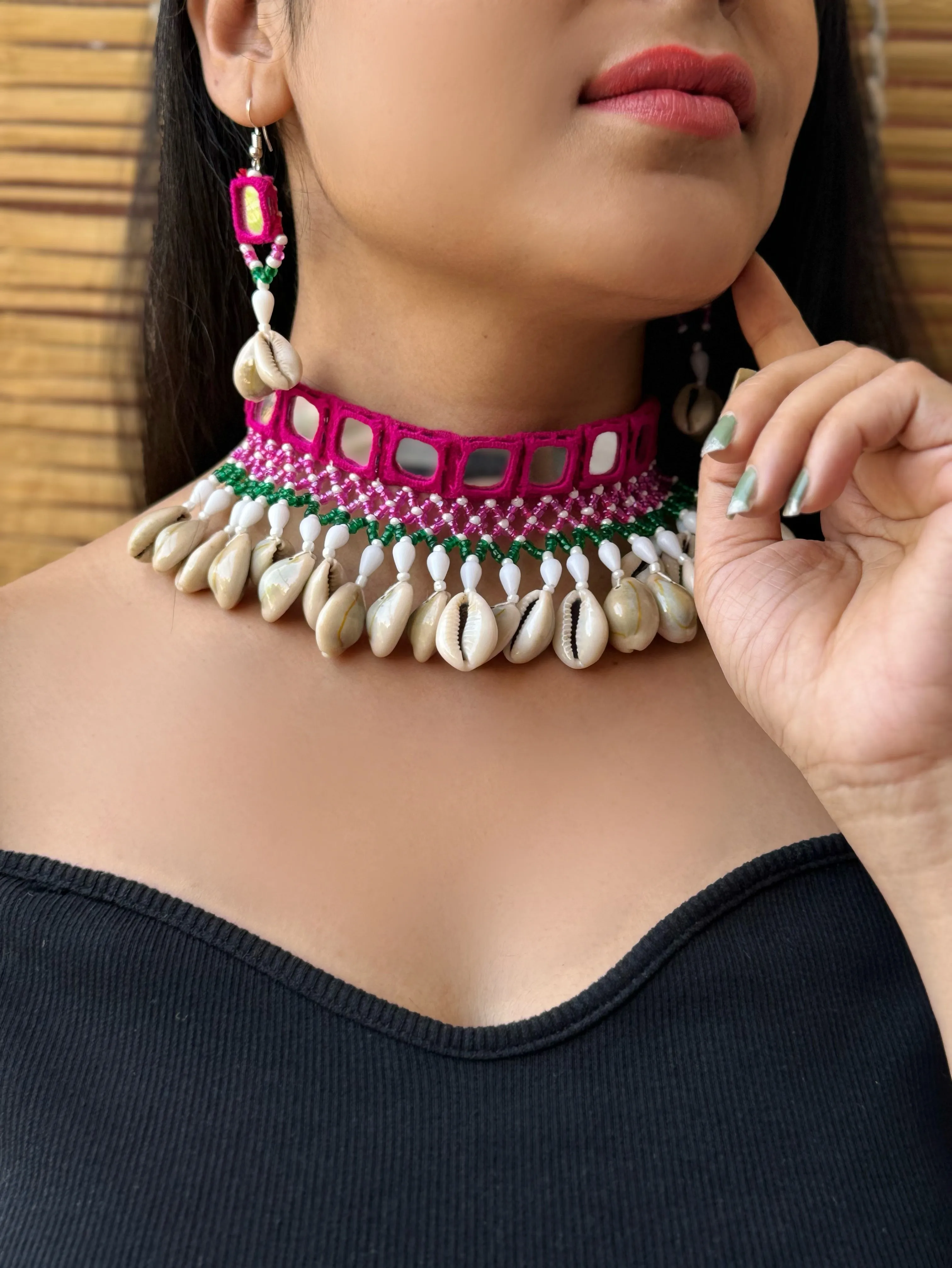 Amola Mirrorwork Fabric Choker   Earrings Set