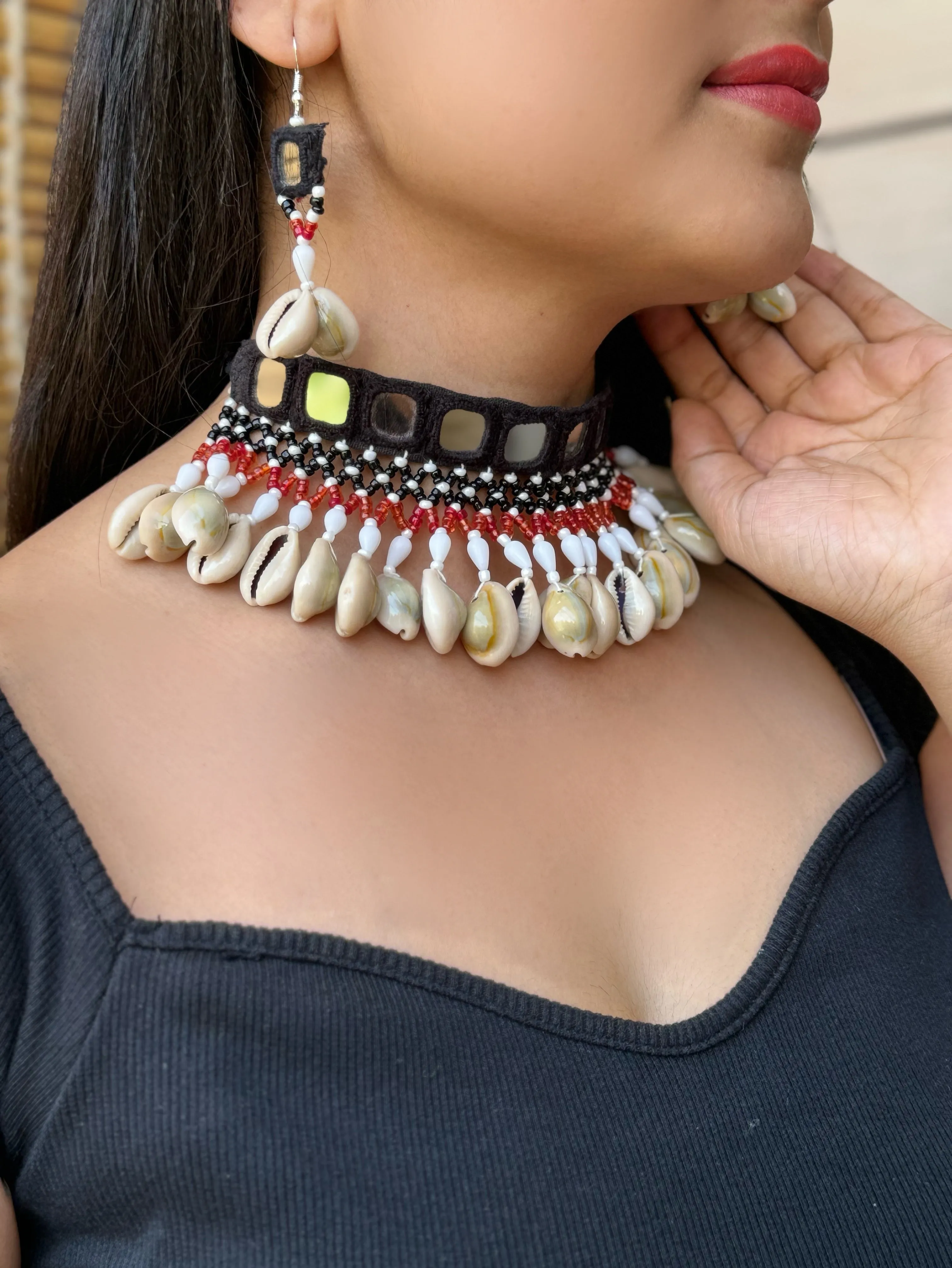 Amola Mirrorwork Fabric Choker   Earrings Set
