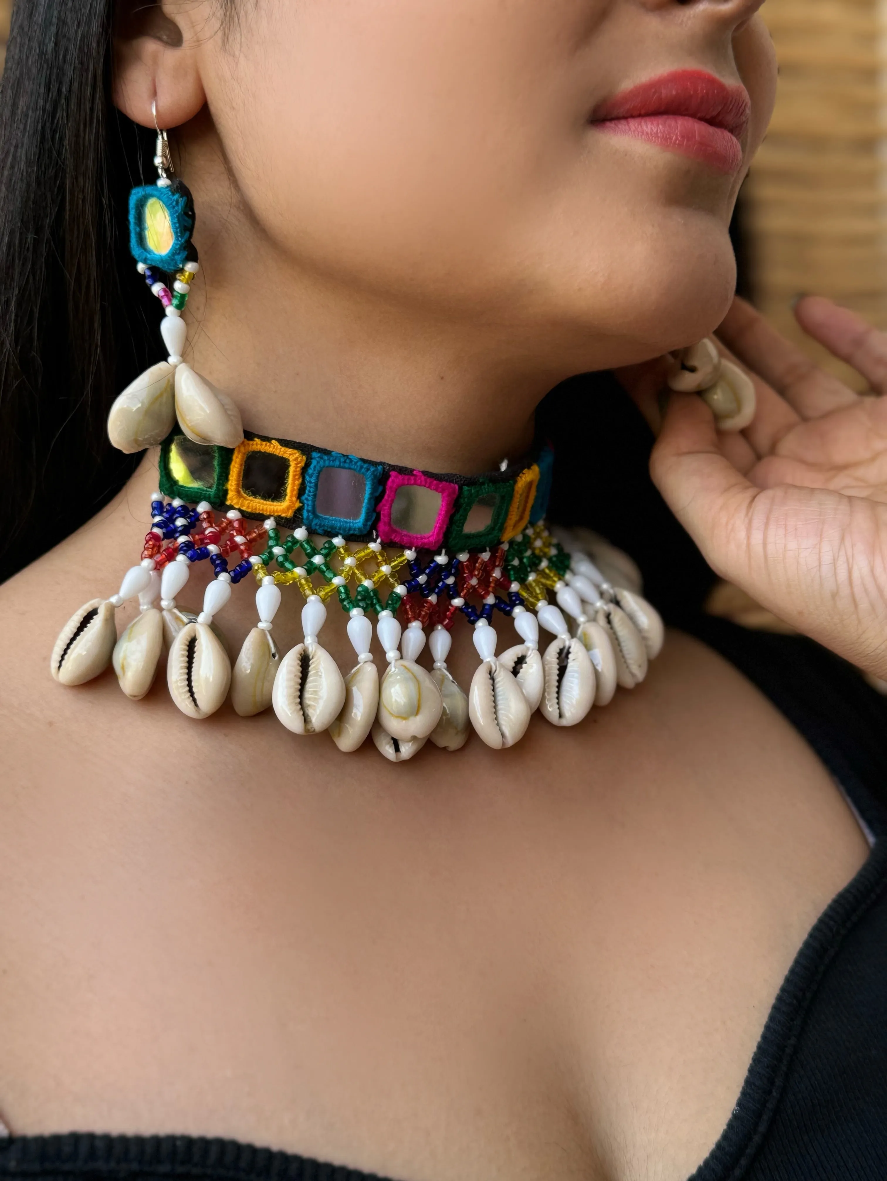 Amola Mirrorwork Fabric Choker   Earrings Set
