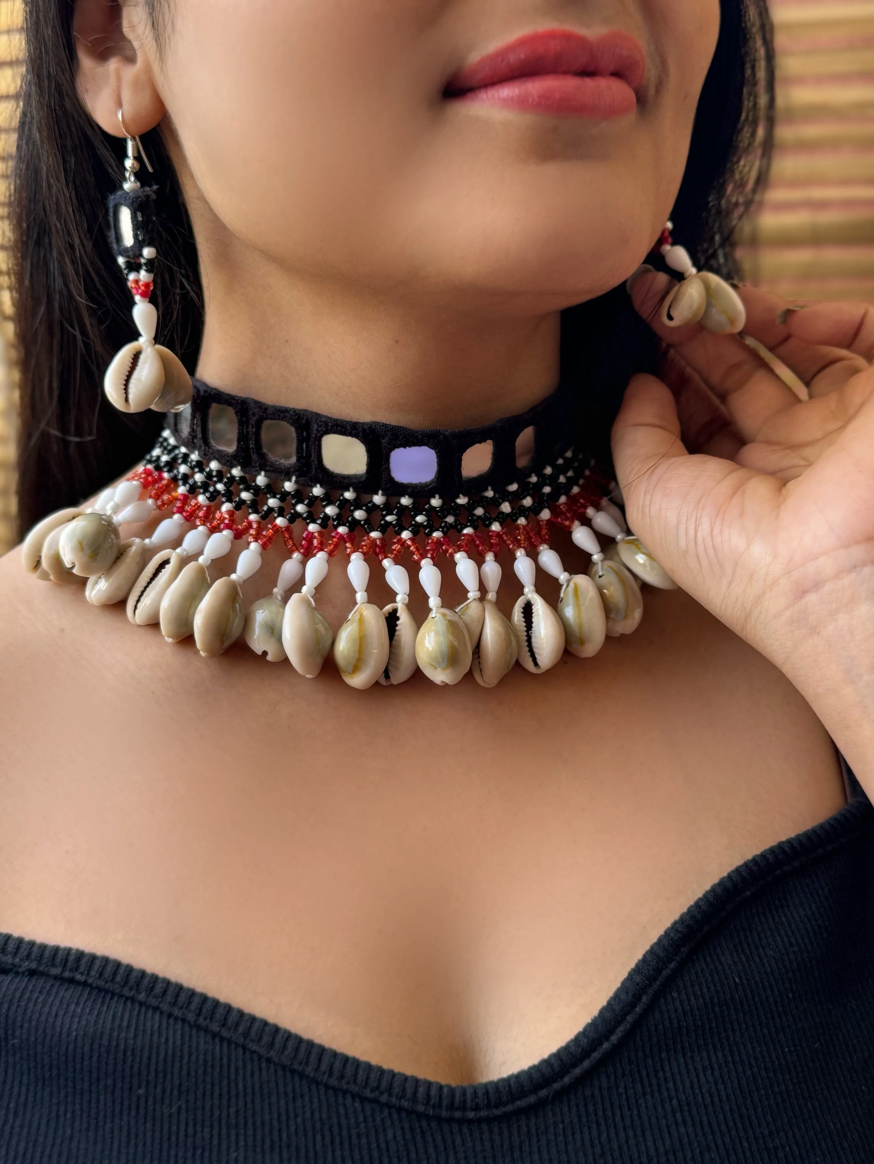 Amola Mirrorwork Fabric Choker   Earrings Set