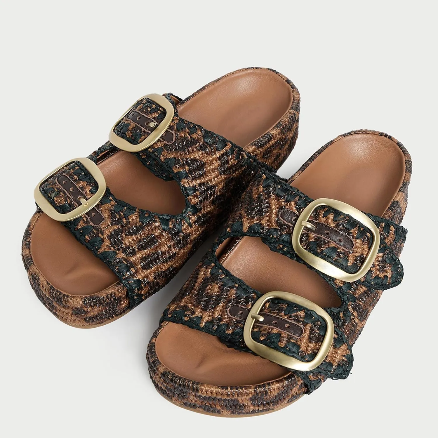 Arqa Raffia Platform Sandals for Women Open Toe Natural Straw Footbed Slides Comfortable Casual Adjustable Buckle Strap Woven Flatform Sandal Summer Beach Wedge Heel Slippers