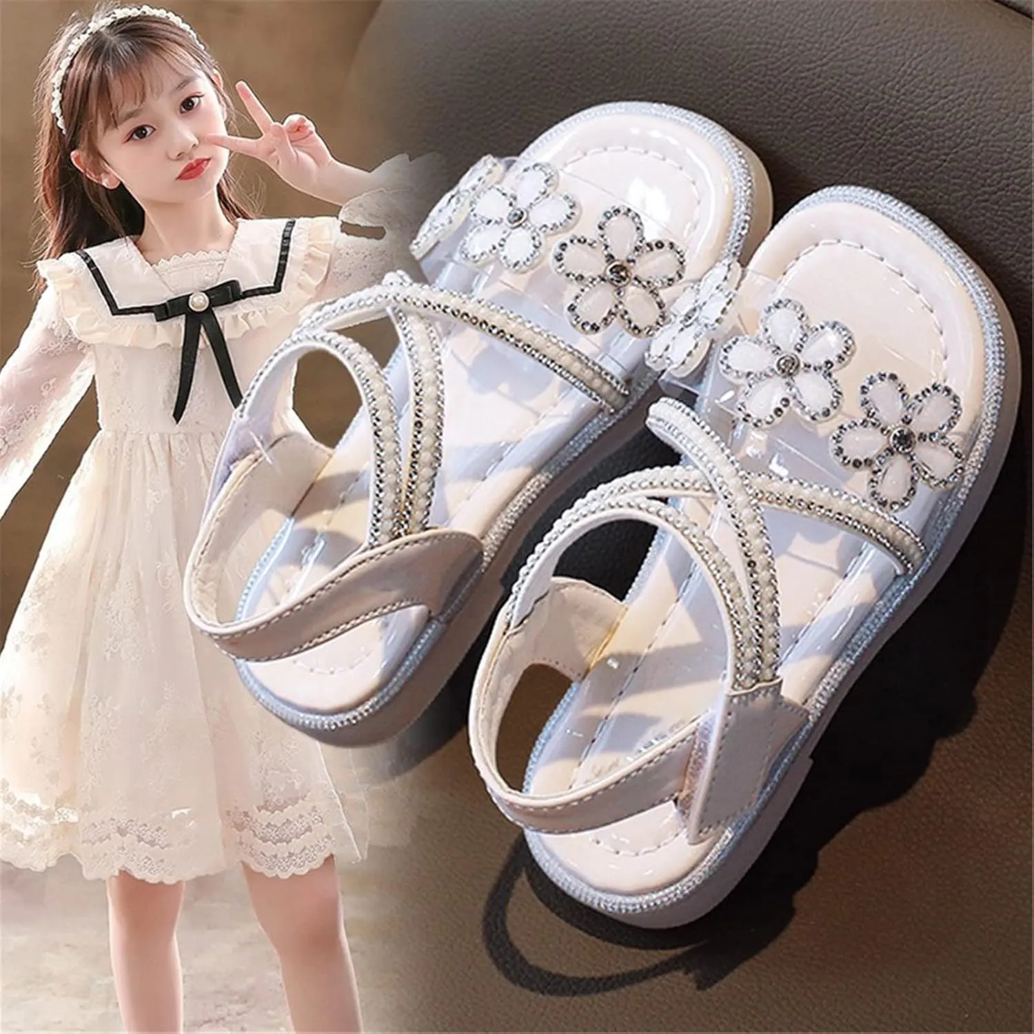 Big Kids Girl Sandals Summer Crystal Flower Design Princess Shoes Daily With Princess Dress Wear Dance Shoes for
