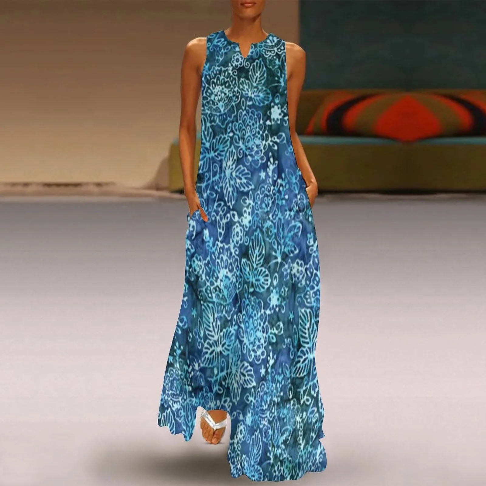 Blue Floral Sleeveless Long Dress