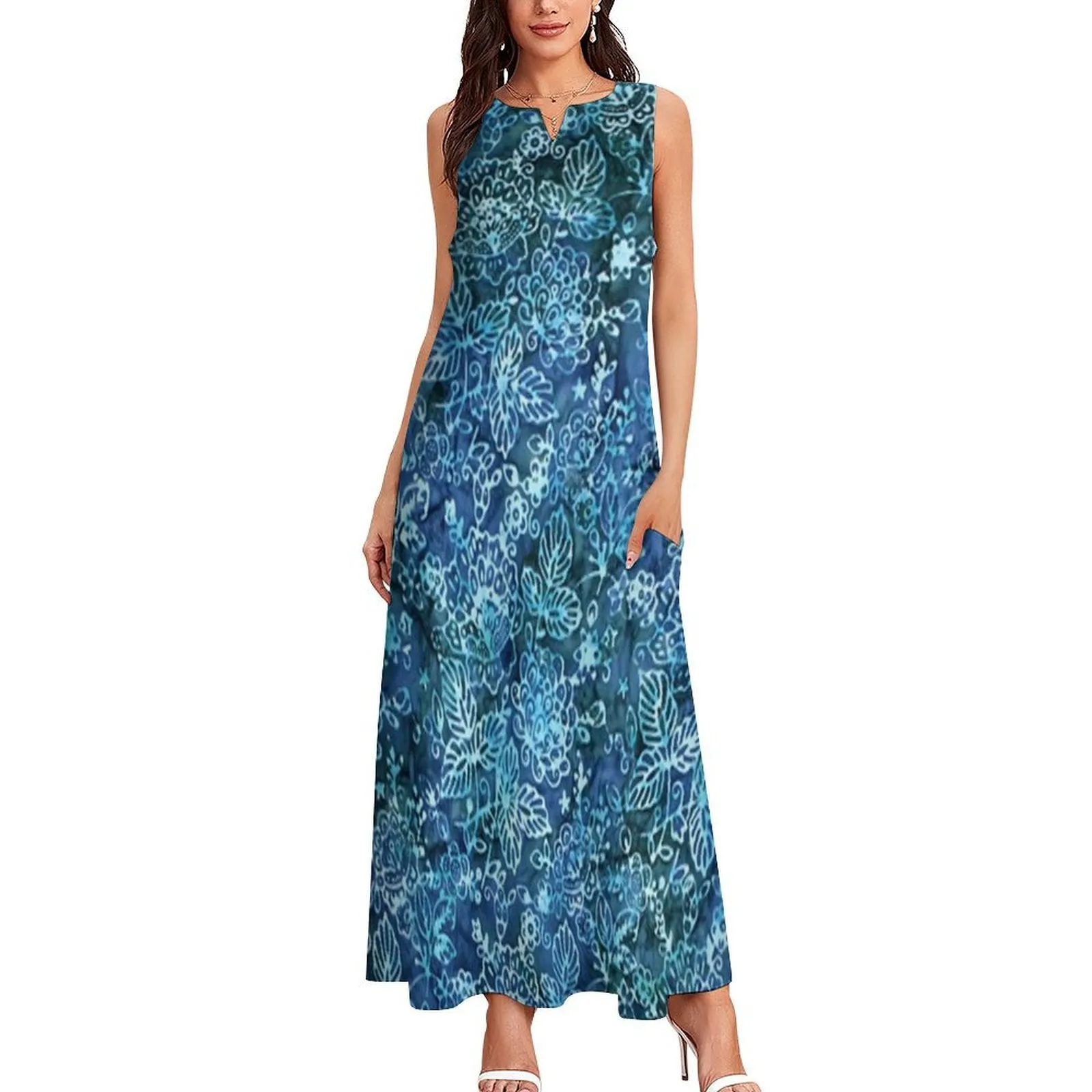 Blue Floral Sleeveless Long Dress