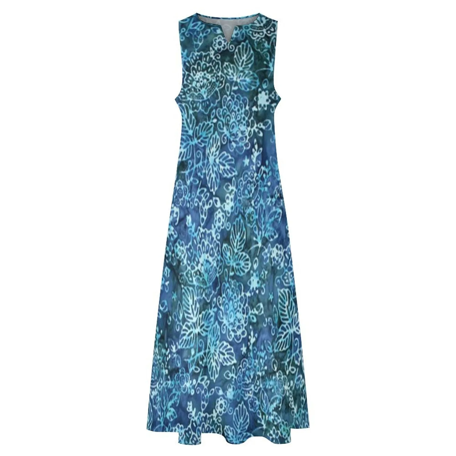 Blue Floral Sleeveless Long Dress