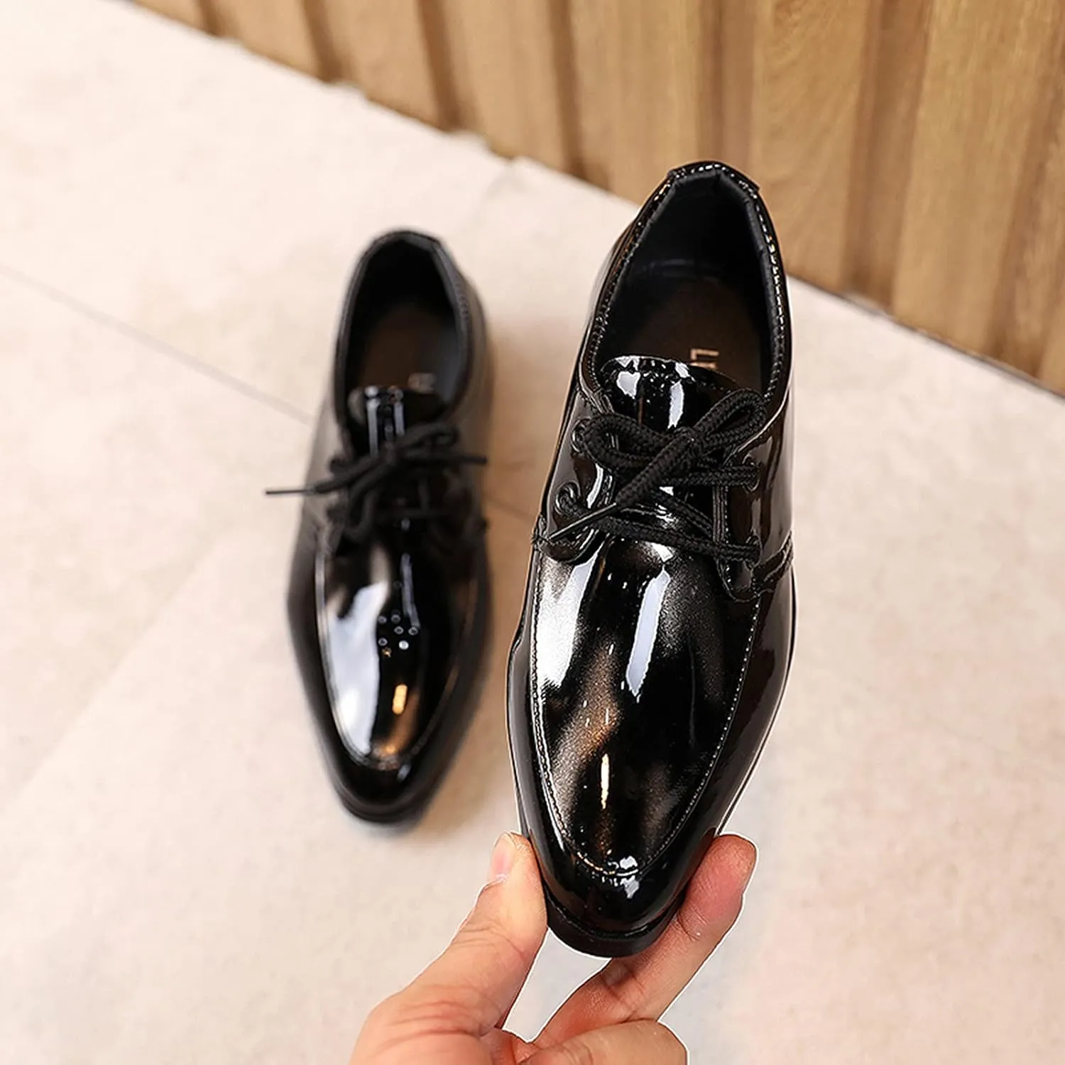Boys Girls Paten Leather Low Heels Vintage xfords Lace Up Pointed Toe Flat Retro Dress Shoes Baby Sandals Girl