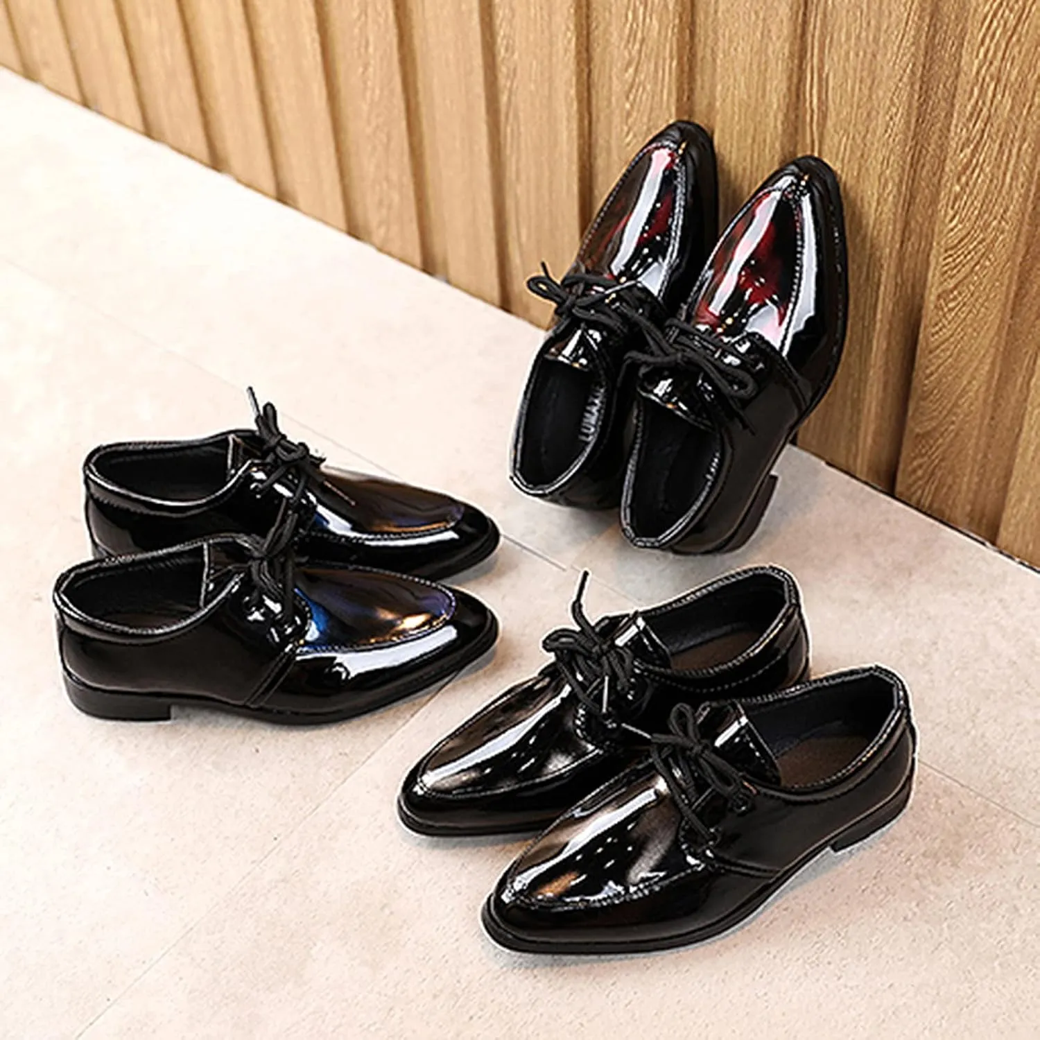 Boys Girls Paten Leather Low Heels Vintage xfords Lace Up Pointed Toe Flat Retro Dress Shoes Baby Sandals Girl