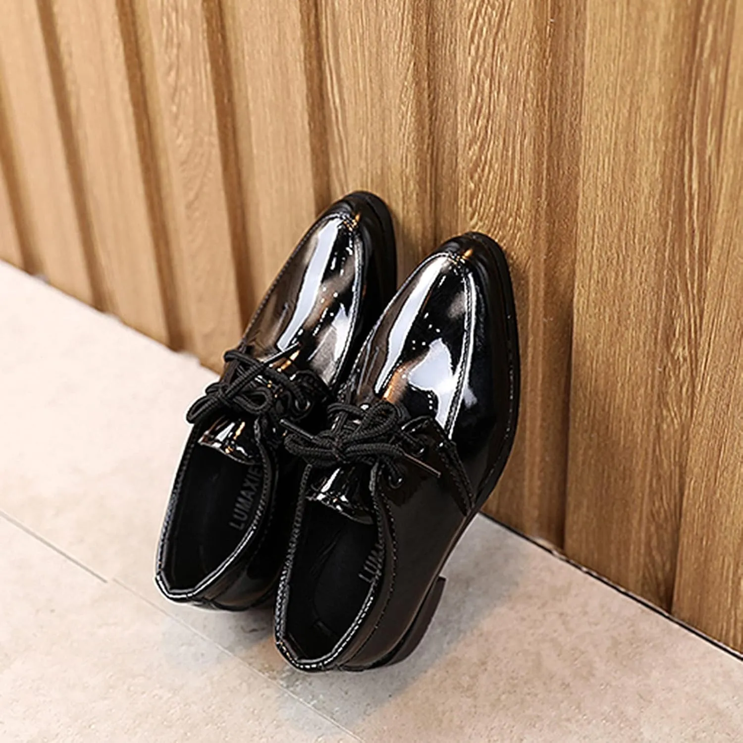 Boys Girls Paten Leather Low Heels Vintage xfords Lace Up Pointed Toe Flat Retro Dress Shoes Baby Sandals Girl
