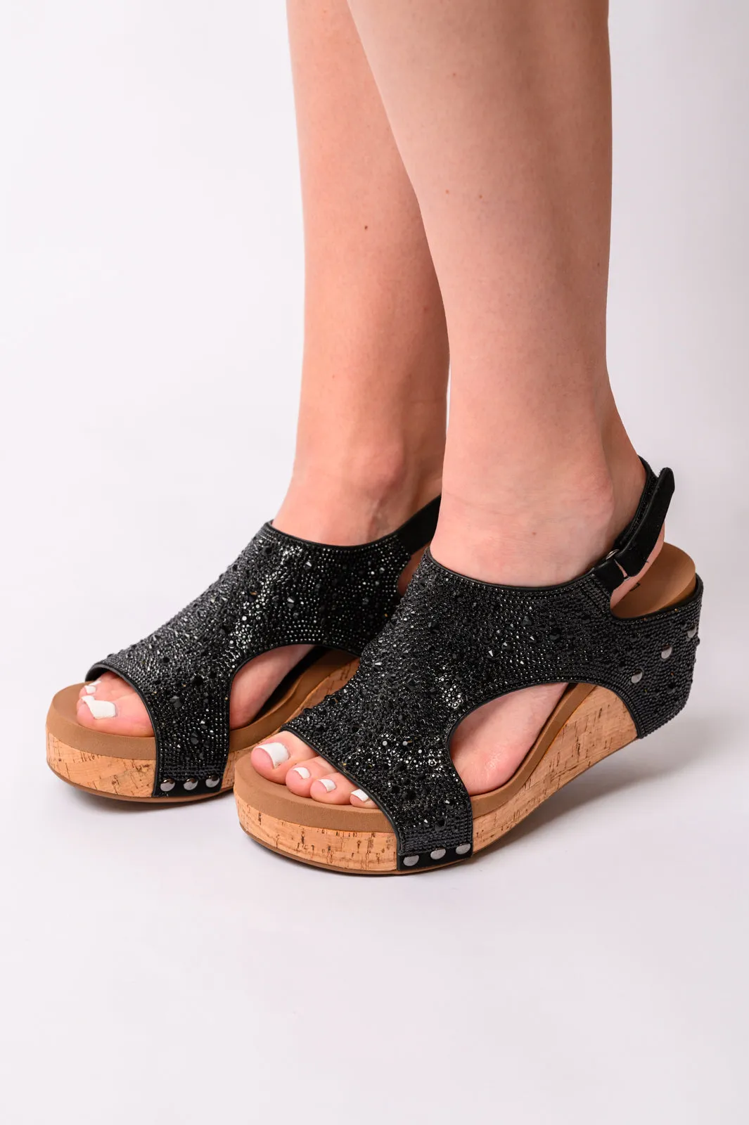 CORKYS Ashley Wedge Sandals in Black Rhinestone