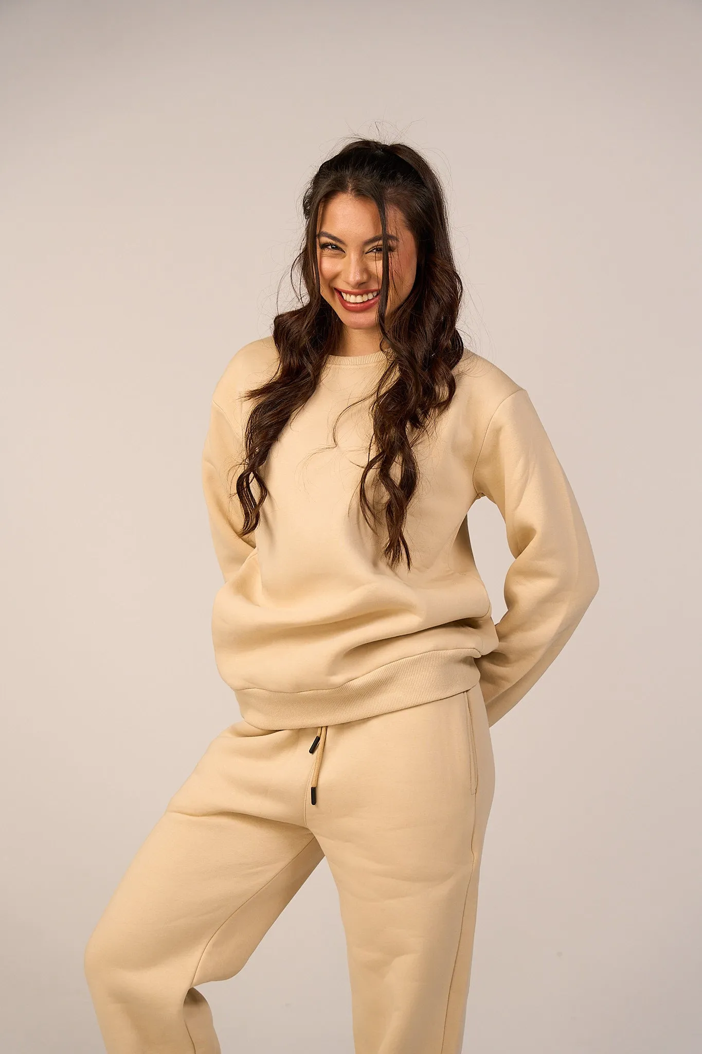 Crew Neck Pullover & Sweatpants - Set - Beige