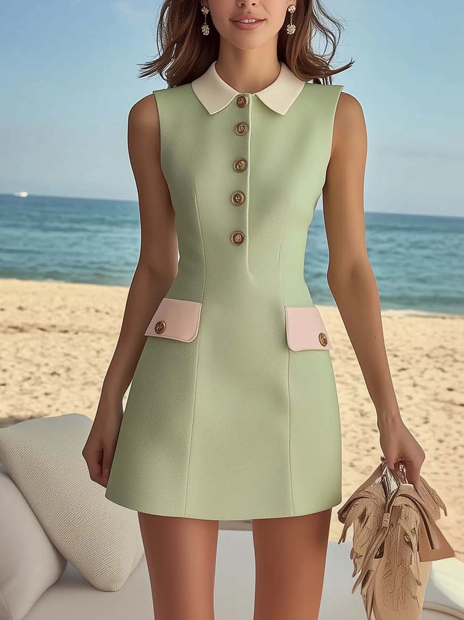 Fashionable Textured Fabric Green Mini Dress With Buttons