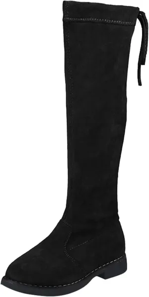 Girl's Knee Length Boots Ties Side Zipper Suede Over Knee Long High Boots Round Toe Low Heel Fashion Riding Shoes