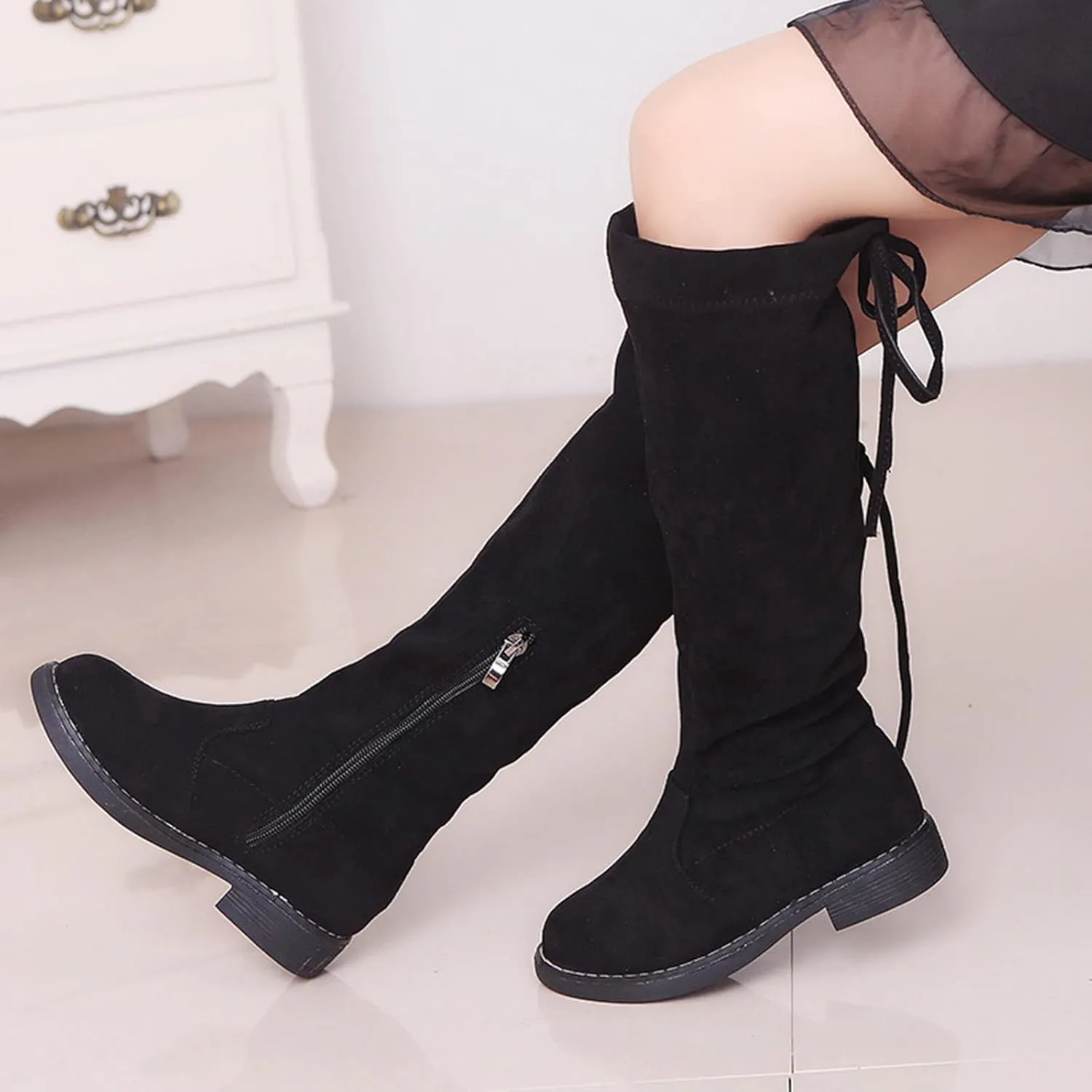 Girl's Knee Length Boots Ties Side Zipper Suede Over Knee Long High Boots Round Toe Low Heel Fashion Riding Shoes