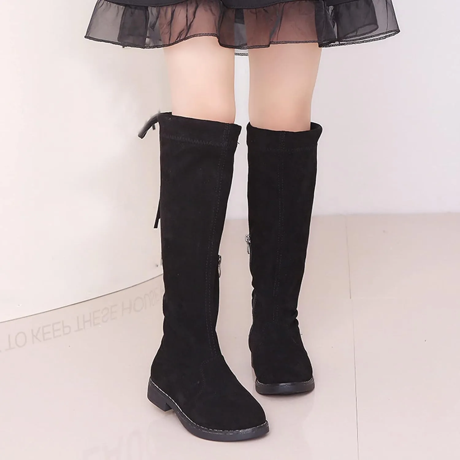 Girl's Knee Length Boots Ties Side Zipper Suede Over Knee Long High Boots Round Toe Low Heel Fashion Riding Shoes
