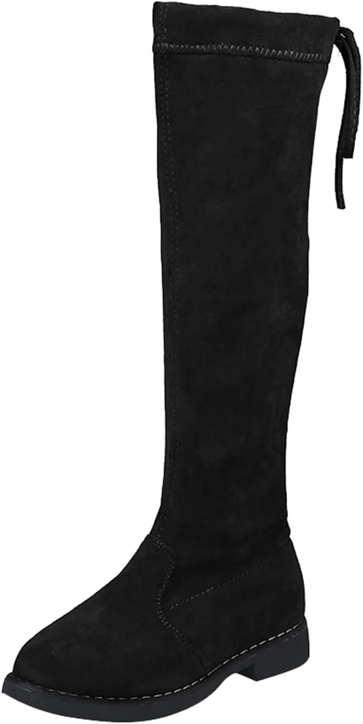 Girl's Knee Length Boots Ties Side Zipper Suede Over Knee Long High Boots Round Toe Low Heel Fashion Riding Shoes