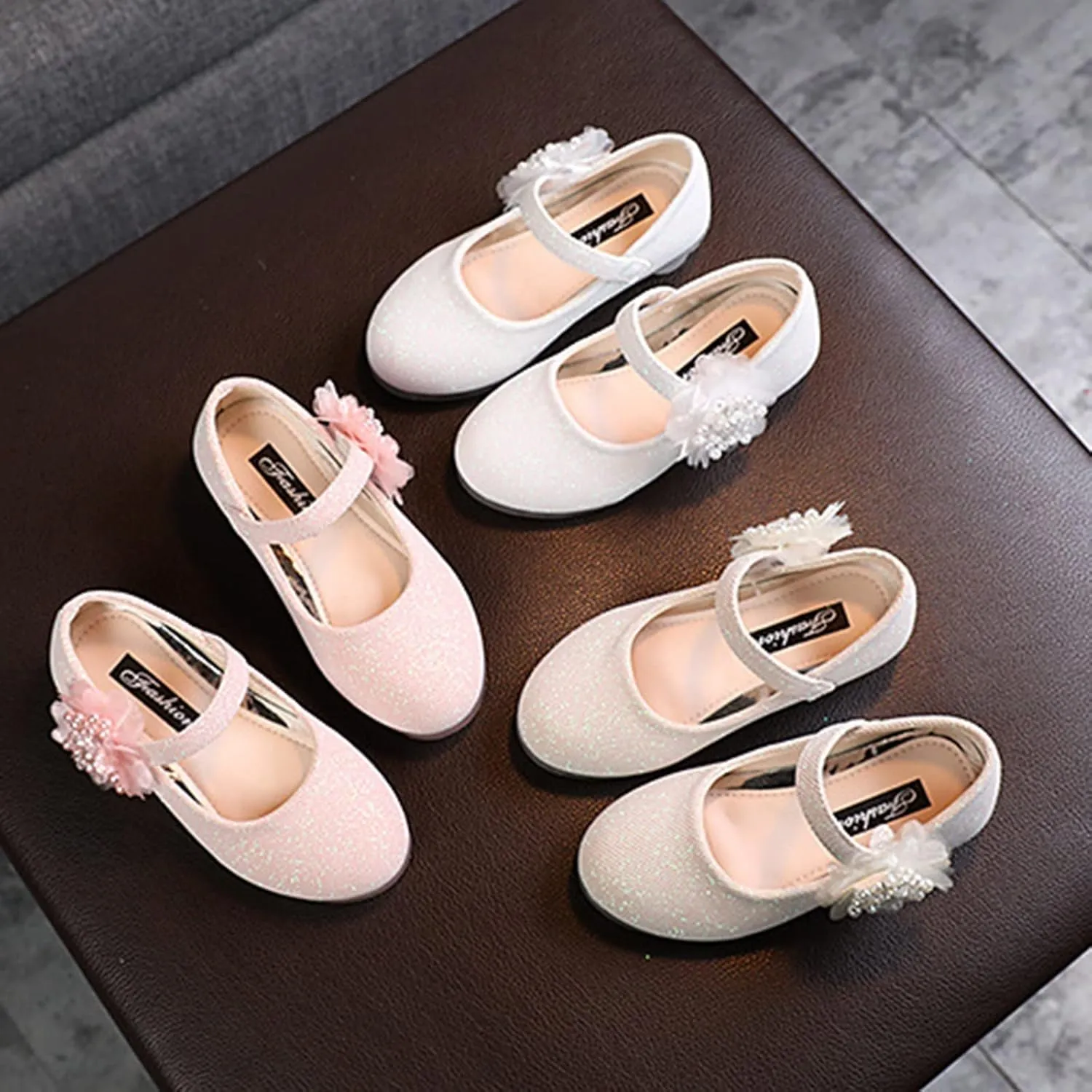 Girls Mary Jane Flat Pump Strap with Flower Ballet Flat Flower Girl Dress Shoes School Party Slip on Toddler Kid Shoes