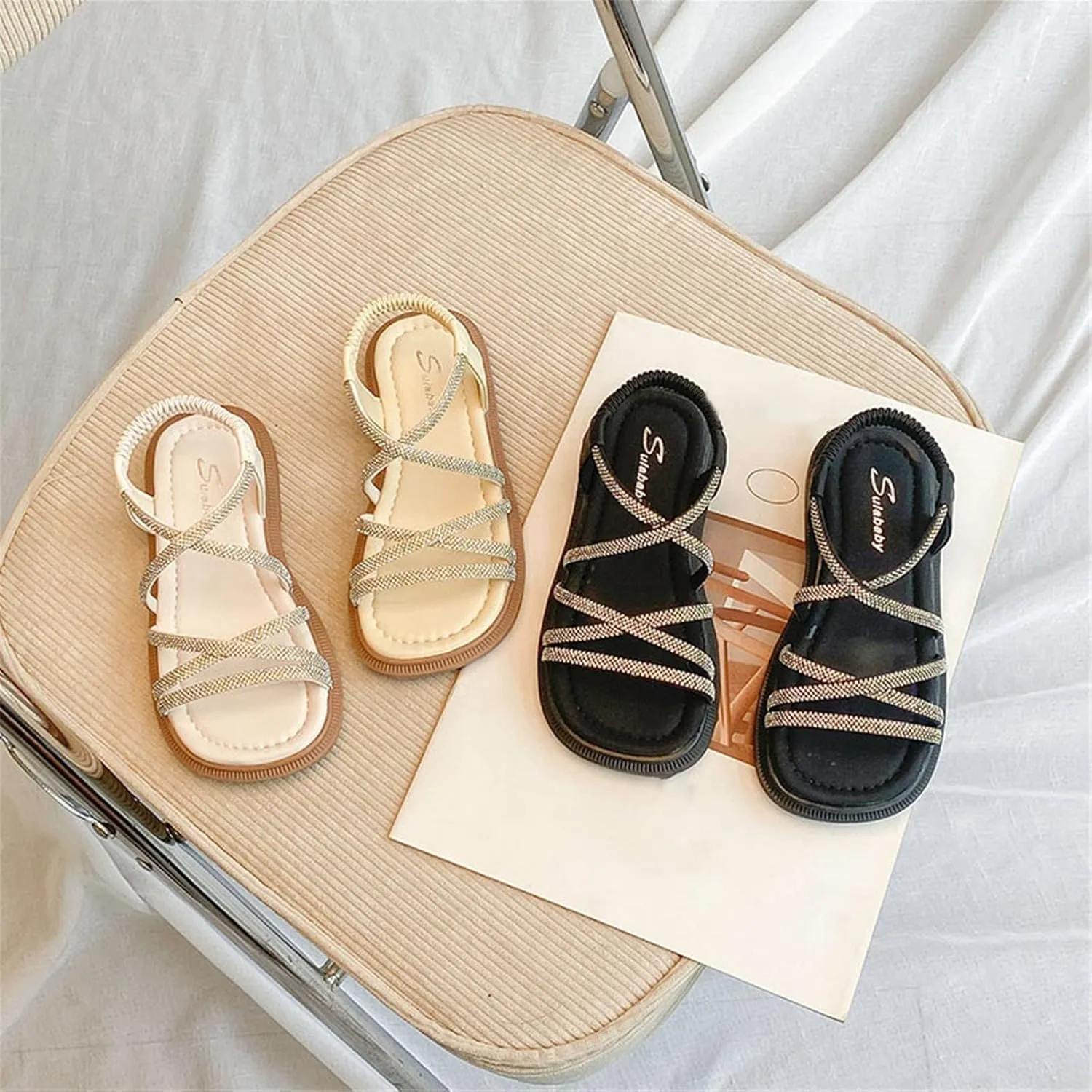 Girls Sandals Open Toe Mesh Rhinestones Design Sandals Flat Sandals Summer Dress Shoes High Heels for Kids Size 13 (Yellow, 3 Big Kids)