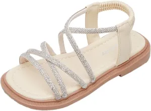 Girls Sandals Open Toe Mesh Rhinestones Design Sandals Flat Sandals Summer Dress Shoes High Heels for Kids Size 13 (Yellow, 3 Big Kids)
