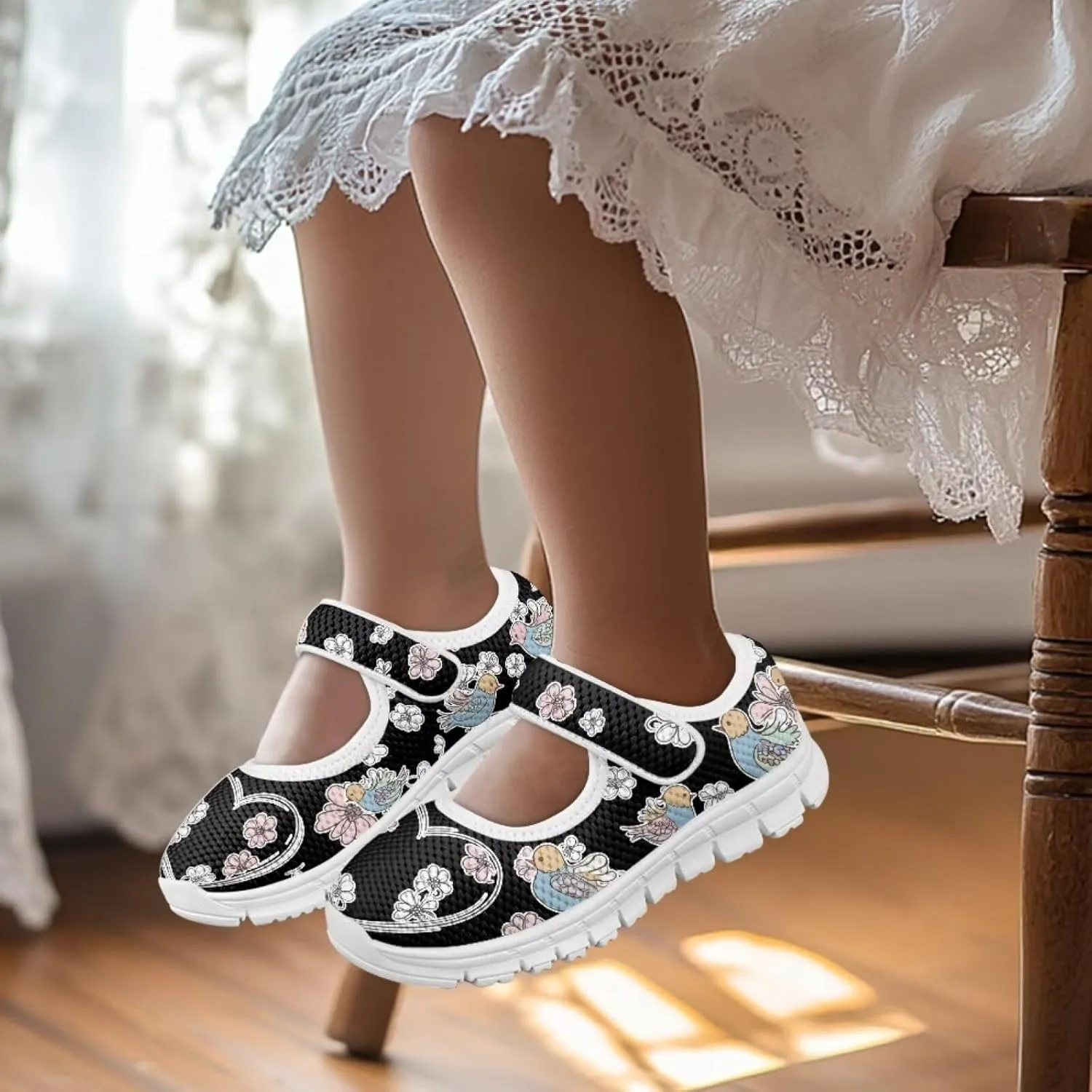Girls School Uniform Shoes Cartoon Rooster Little Girl Mary Jane Flats Mesh Sneaker Kids Running Shoes Wedding Party Flats Dress Shoes