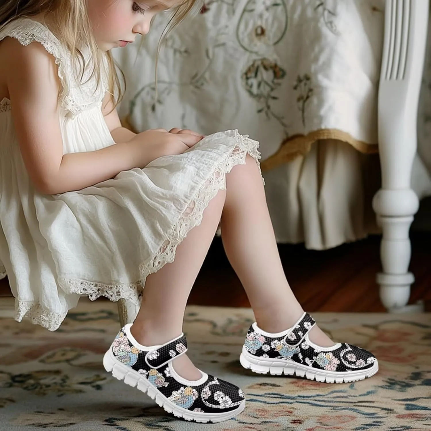 Girls School Uniform Shoes Cartoon Rooster Little Girl Mary Jane Flats Mesh Sneaker Kids Running Shoes Wedding Party Flats Dress Shoes