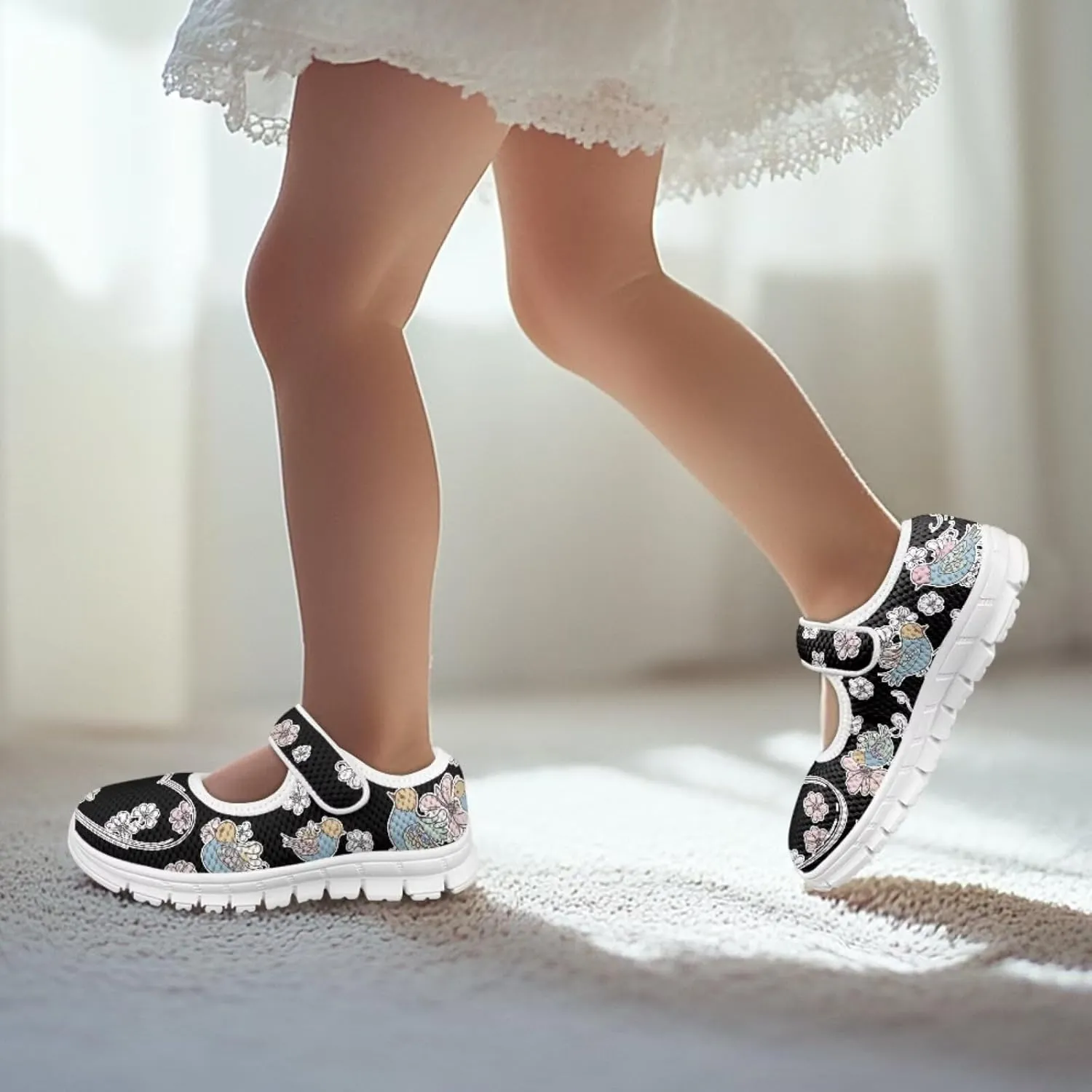 Girls School Uniform Shoes Cartoon Rooster Little Girl Mary Jane Flats Mesh Sneaker Kids Running Shoes Wedding Party Flats Dress Shoes