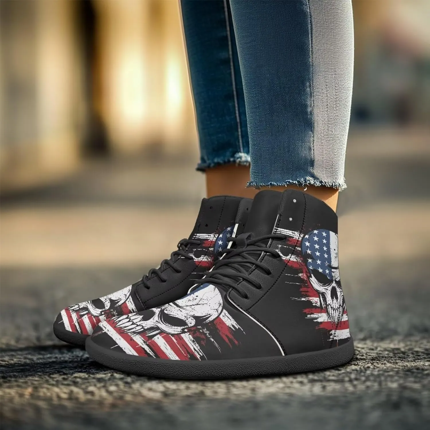 Howilath Gothic Skull Print High Top Sneakers for Men Wide Toe Barefoot Shoes Running Shoe with Anti-Skid Sole