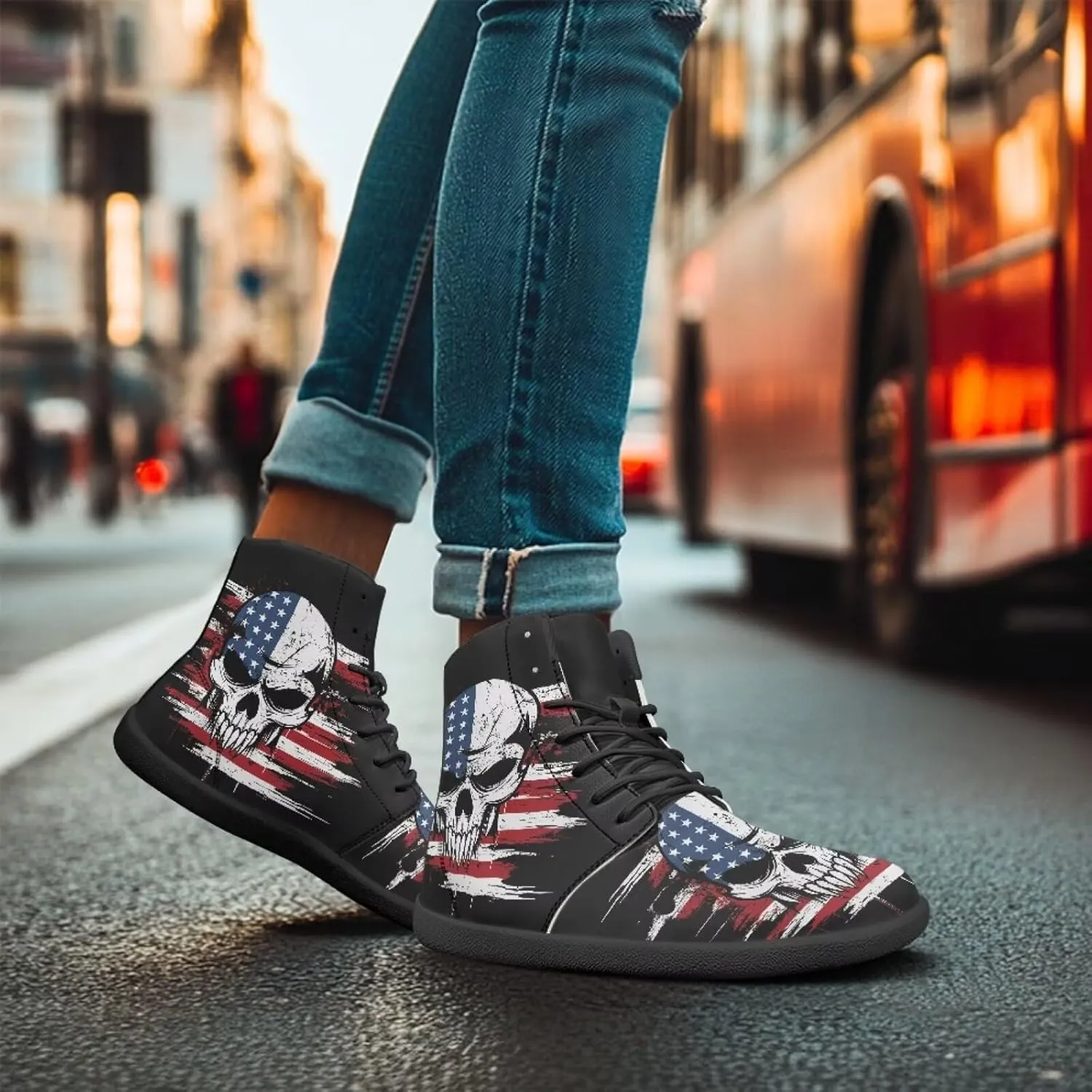 Howilath Gothic Skull Print High Top Sneakers for Men Wide Toe Barefoot Shoes Running Shoe with Anti-Skid Sole