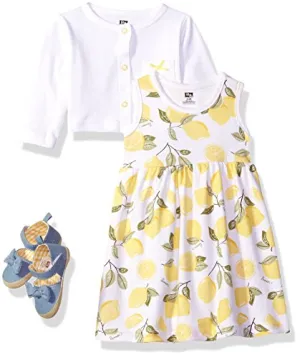 Hudson Baby Baby Girl Cotton Dress, Cardigan and Shoe Set, Lemon, 0-3 Months