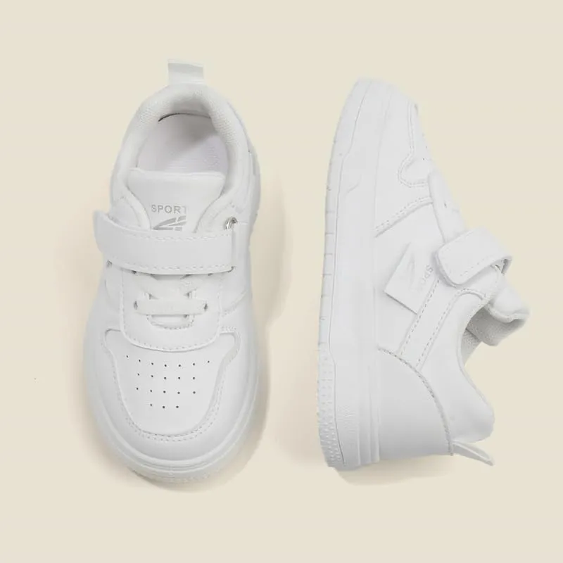 Kids White Sneakers with Hook and Loop Closure, Perforated Design, Non-Slip Sole