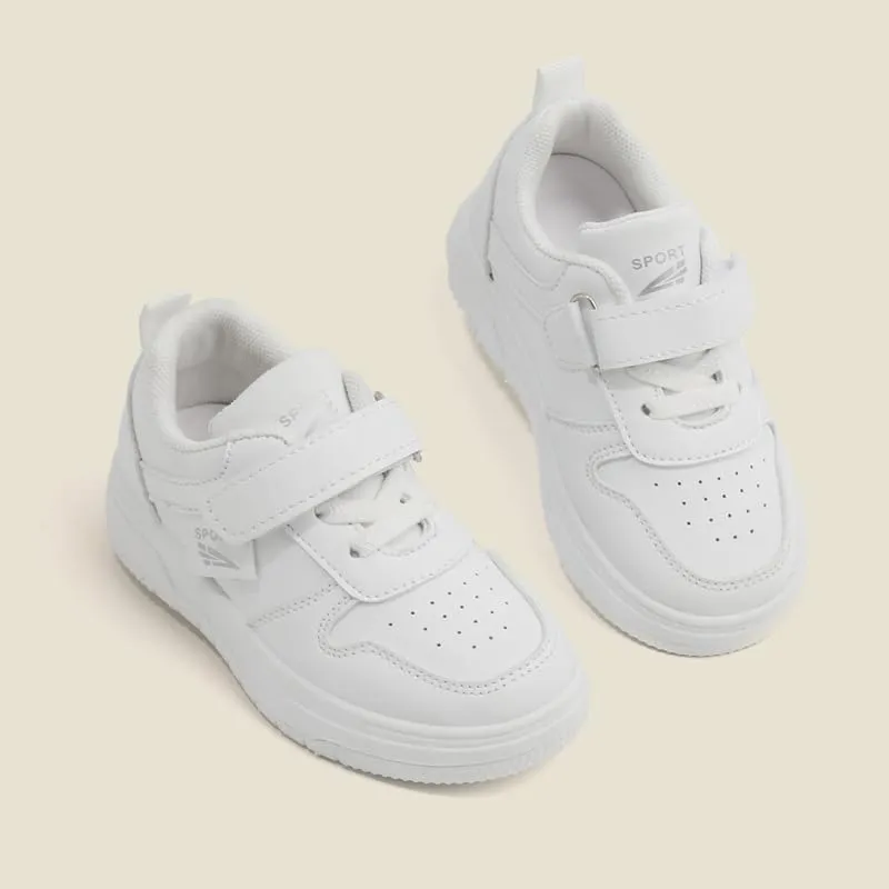 Kids White Sneakers with Hook and Loop Closure, Perforated Design, Non-Slip Sole