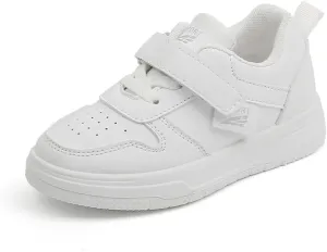 Kids White Sneakers with Hook and Loop Closure, Perforated Design, Non-Slip Sole
