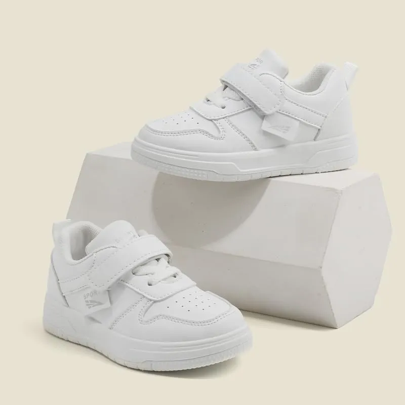 Kids White Sneakers with Hook and Loop Closure, Perforated Design, Non-Slip Sole