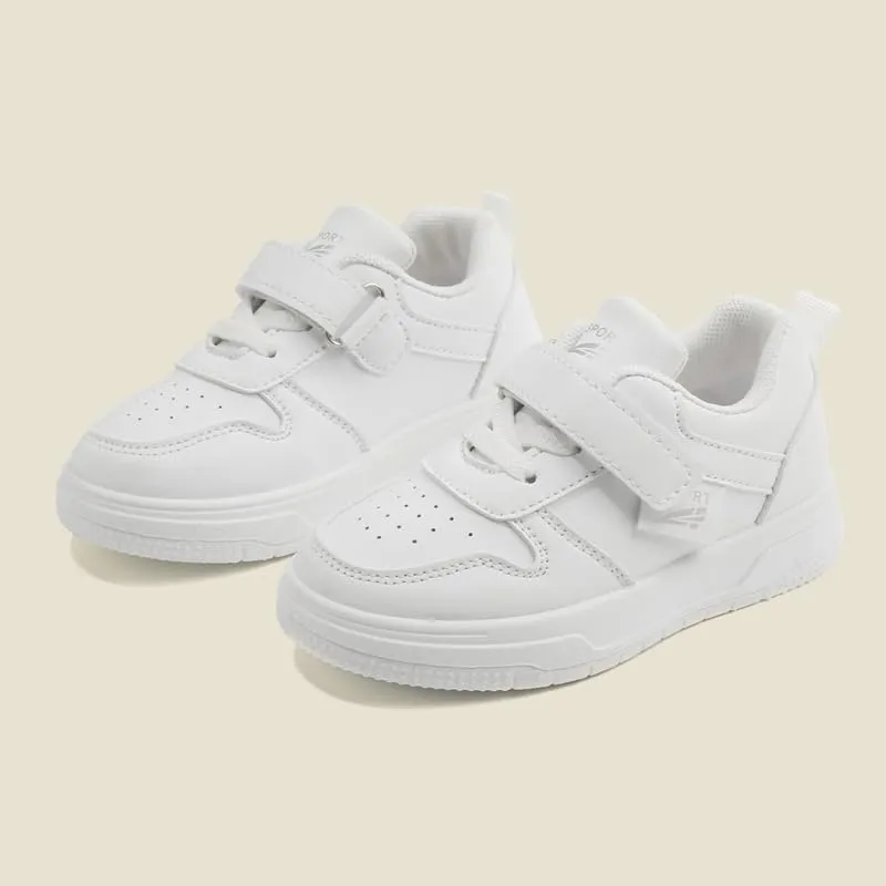 Kids White Sneakers with Hook and Loop Closure, Perforated Design, Non-Slip Sole