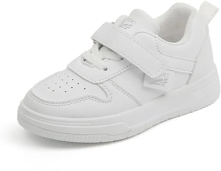 Kids White Sneakers with Hook and Loop Closure, Perforated Design, Non-Slip Sole