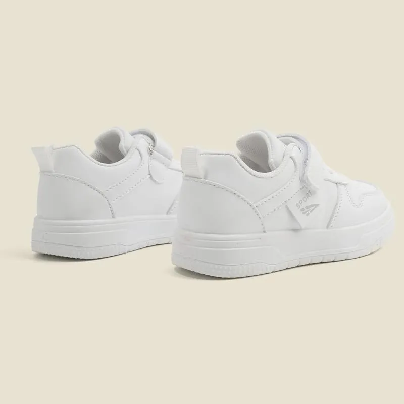 Kids White Sneakers with Hook and Loop Closure, Perforated Design, Non-Slip Sole