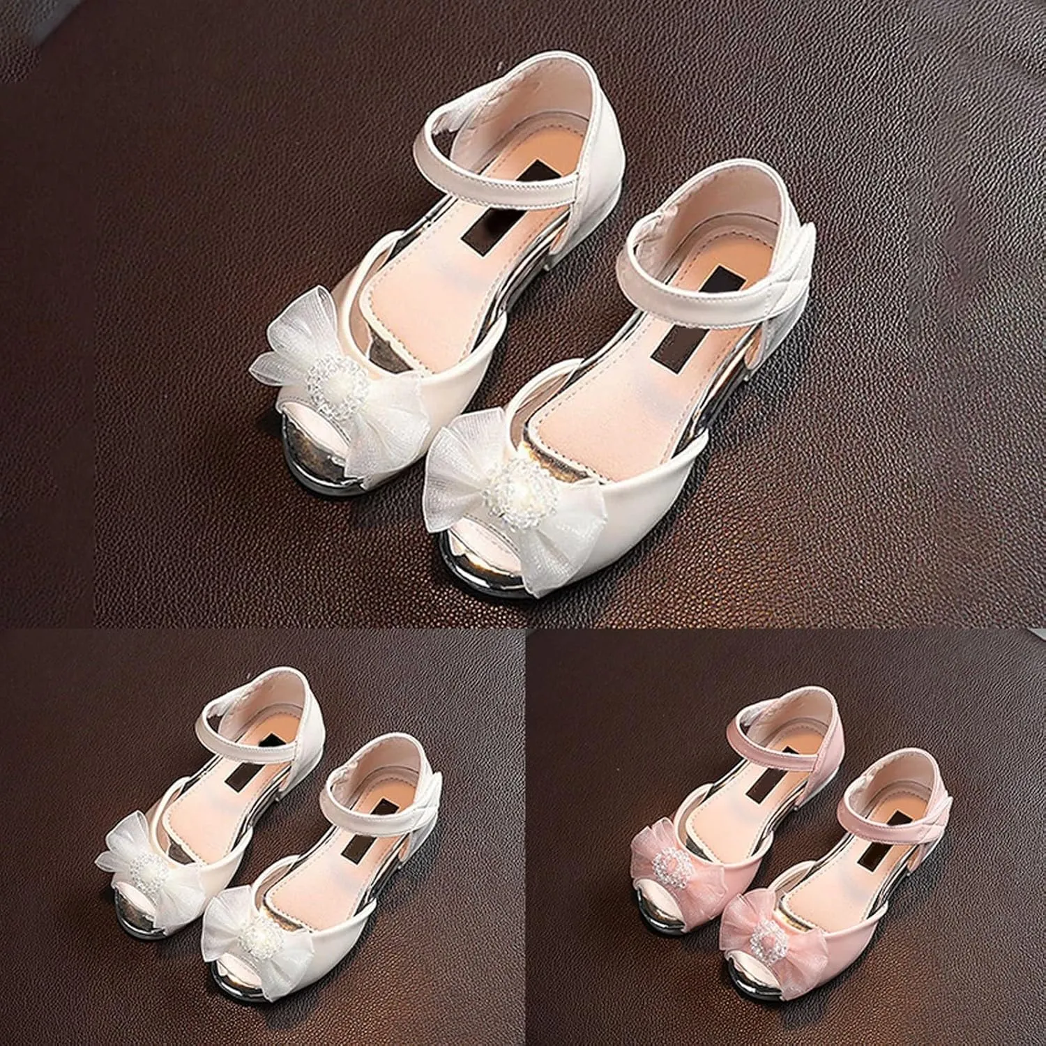 Little Girls Open Toe Heels Dress Shoes Flower Girl Mary Jane Sandals with Bow Wedding Party Shoes for Toddler Slides