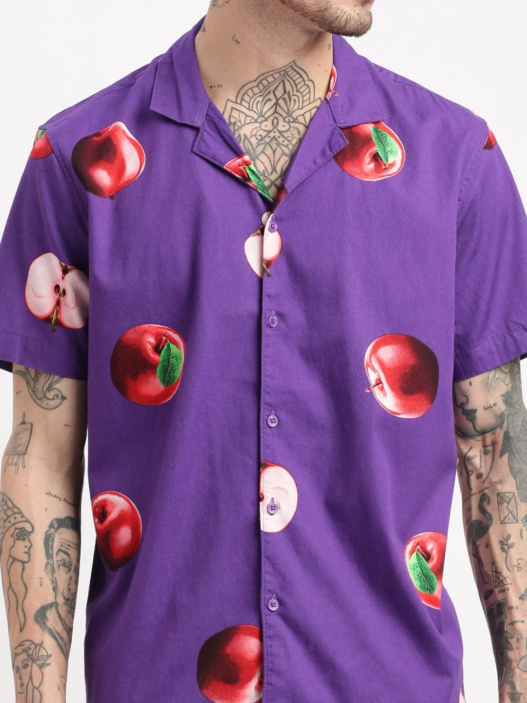 Men Graphic Cuban Collar Purple Co Ords Set