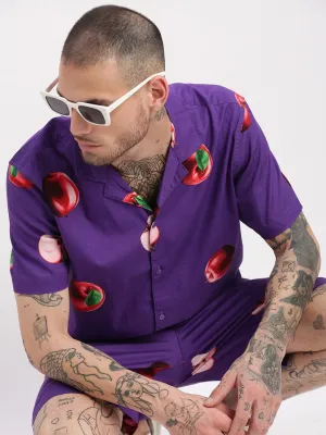Men Graphic Cuban Collar Purple Co Ords Set