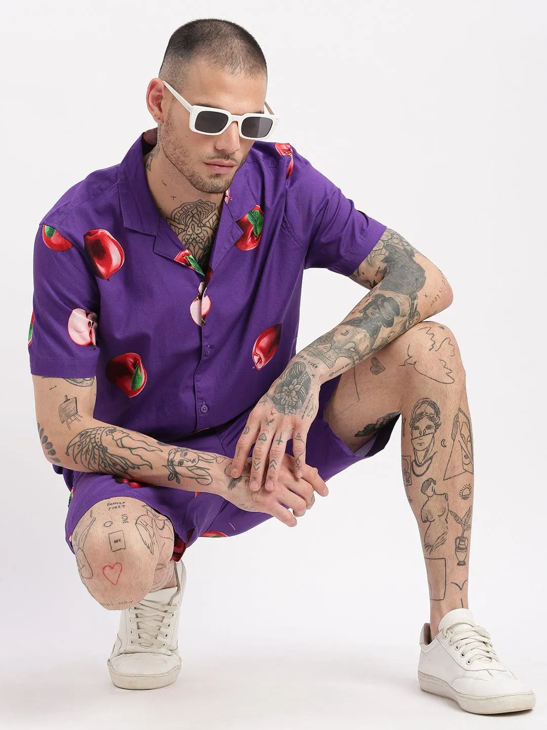 Men Graphic Cuban Collar Purple Co Ords Set