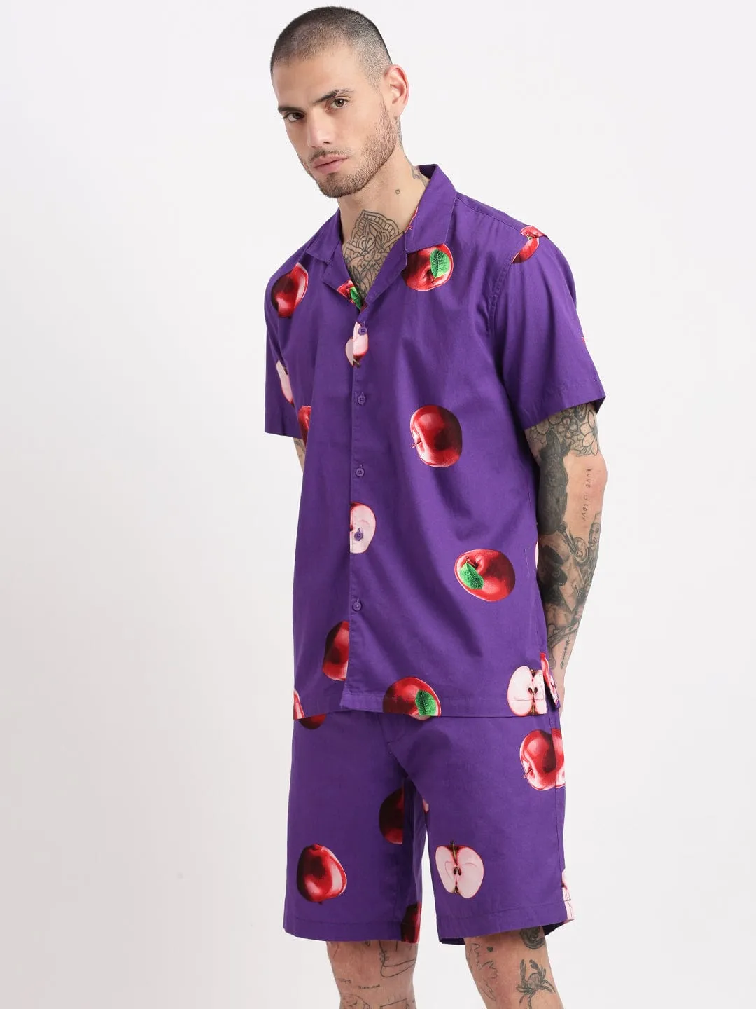 Men Graphic Cuban Collar Purple Co Ords Set