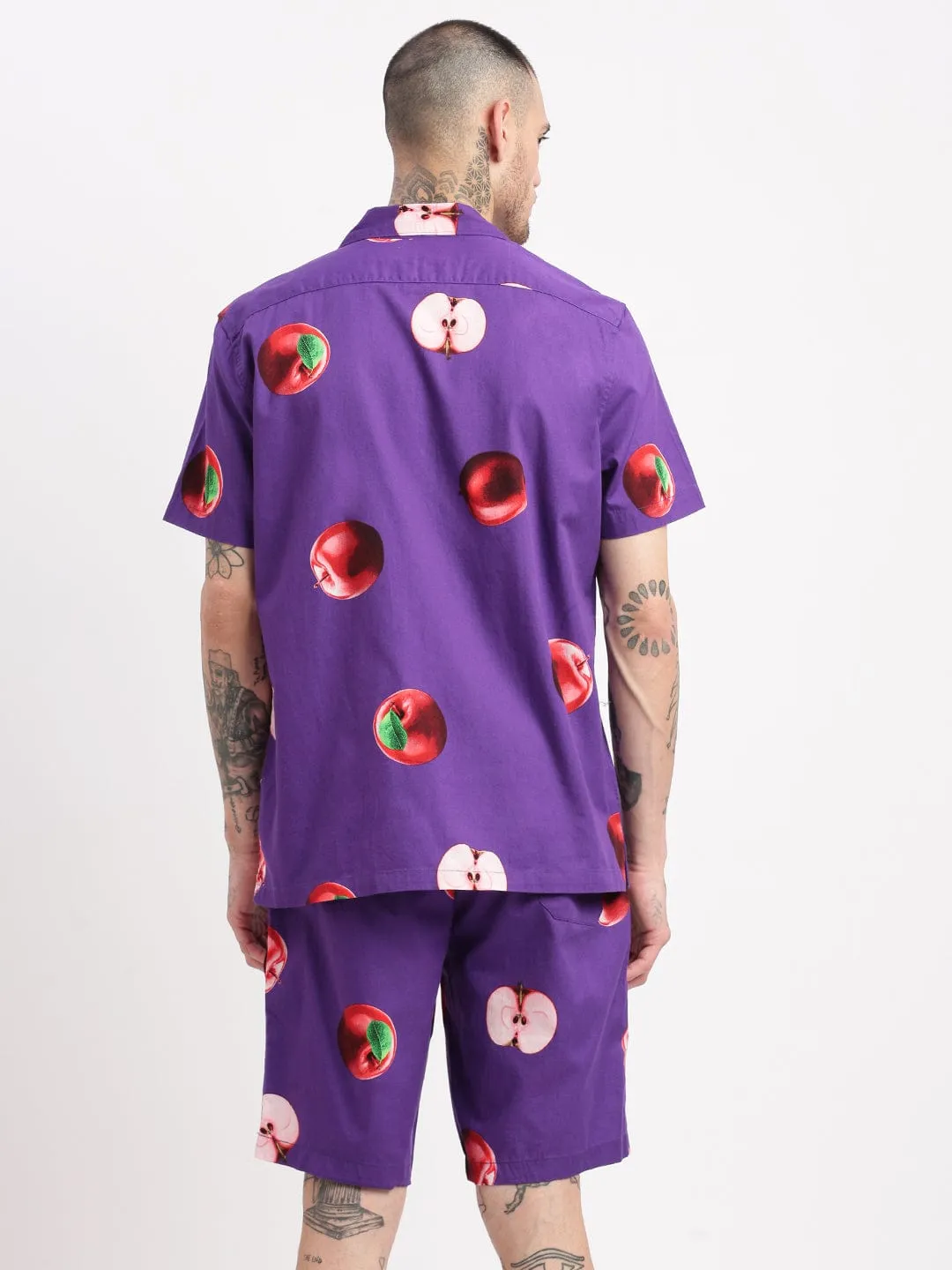 Men Graphic Cuban Collar Purple Co Ords Set