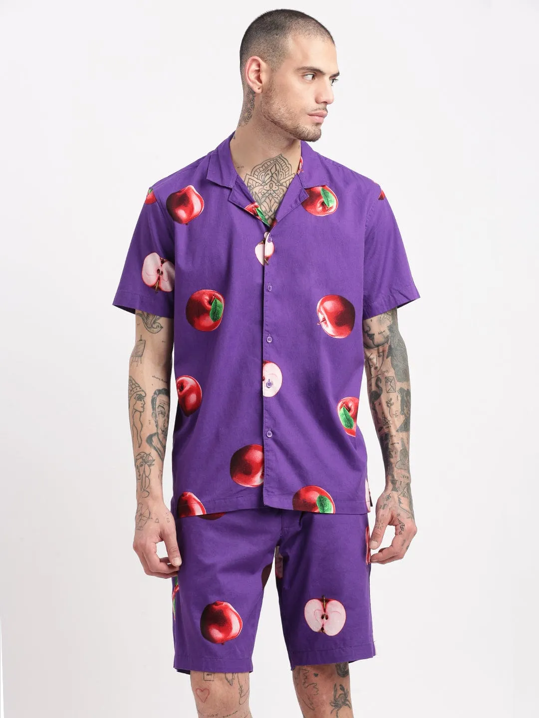 Men Graphic Cuban Collar Purple Co Ords Set