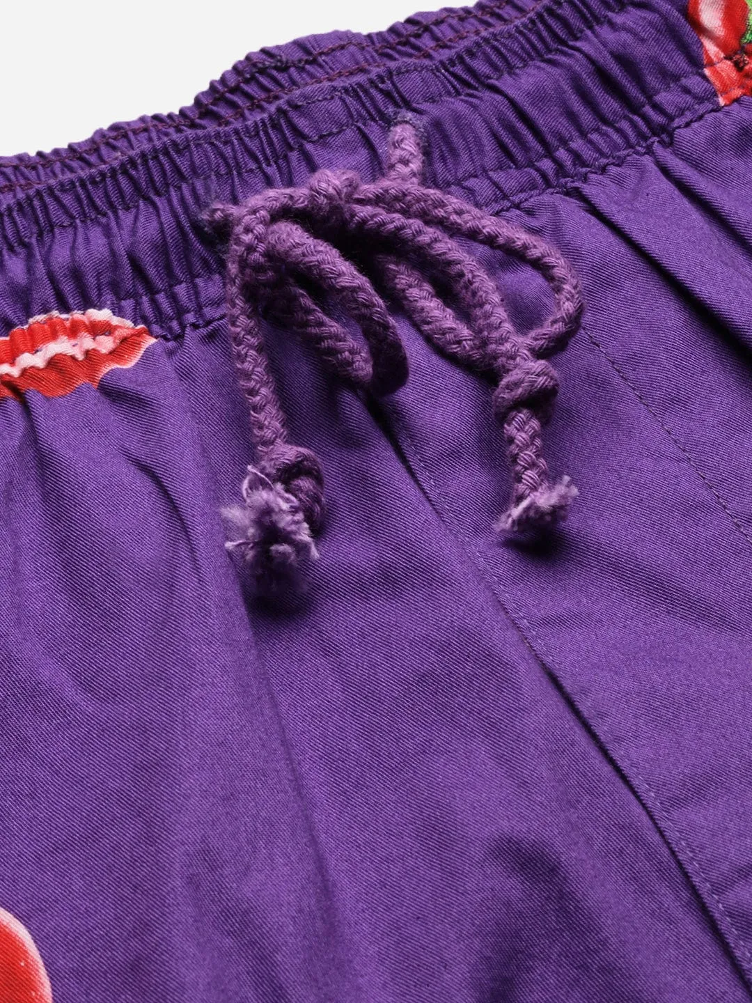 Men Graphic Cuban Collar Purple Co Ords Set