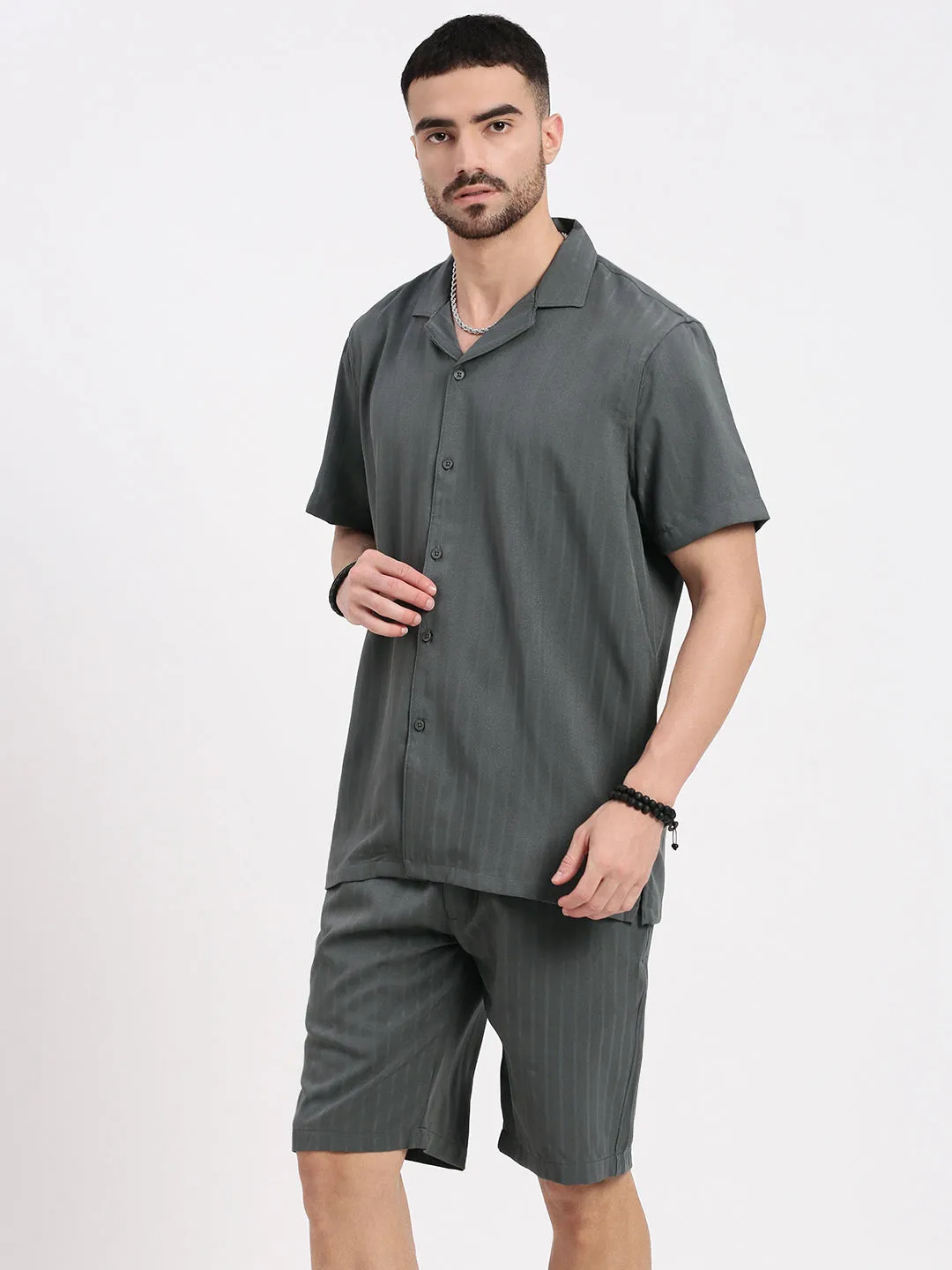 Men Grey Solid Striped Cuban Collar Co Ords Set