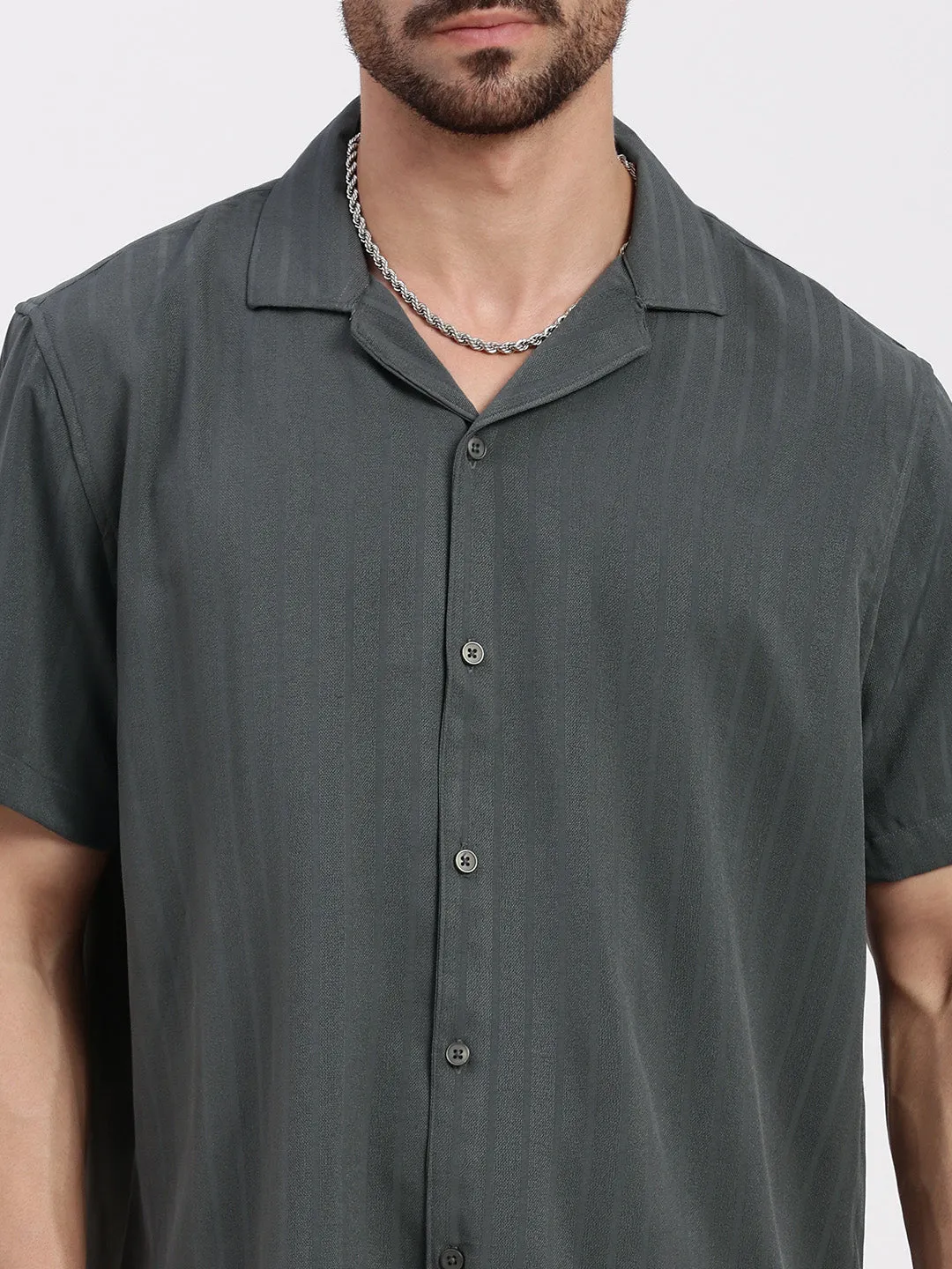 Men Grey Solid Striped Cuban Collar Co Ords Set