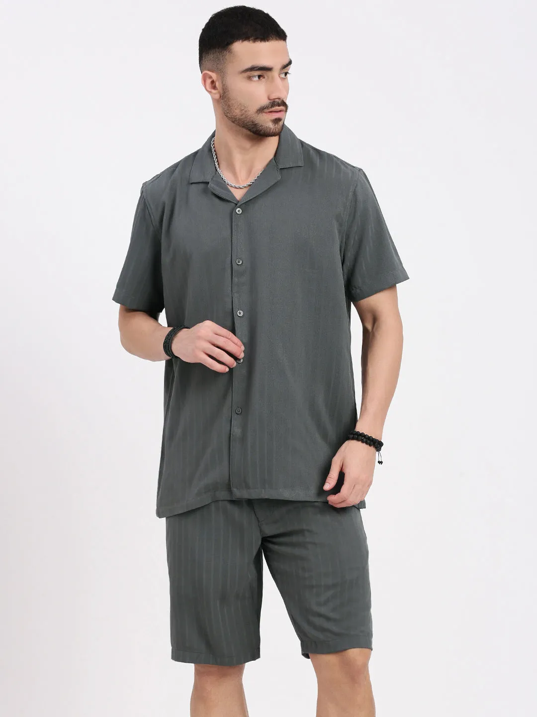 Men Grey Solid Striped Cuban Collar Co Ords Set