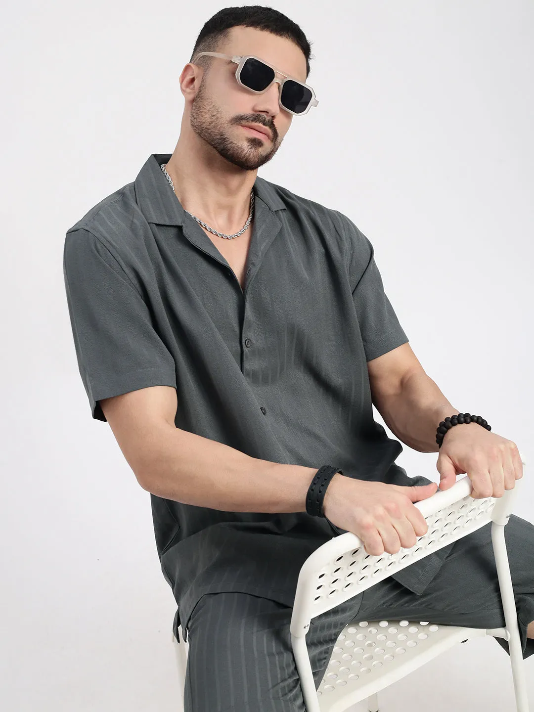 Men Grey Solid Striped Cuban Collar Co Ords Set