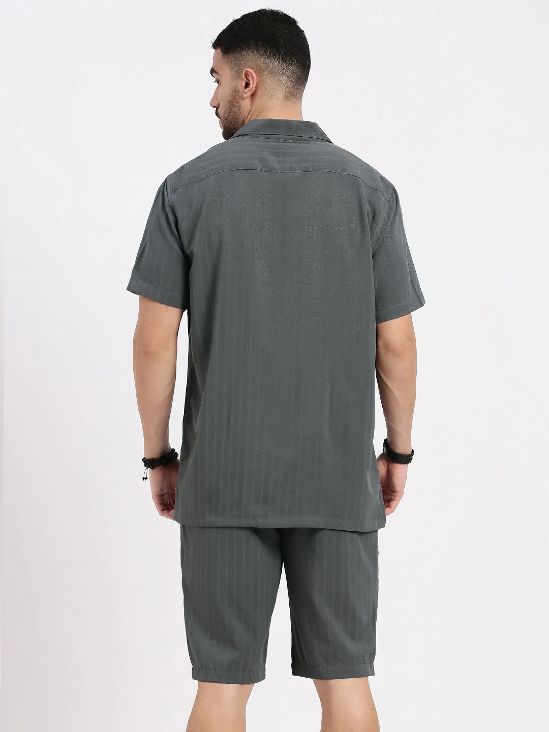Men Grey Solid Striped Cuban Collar Co Ords Set