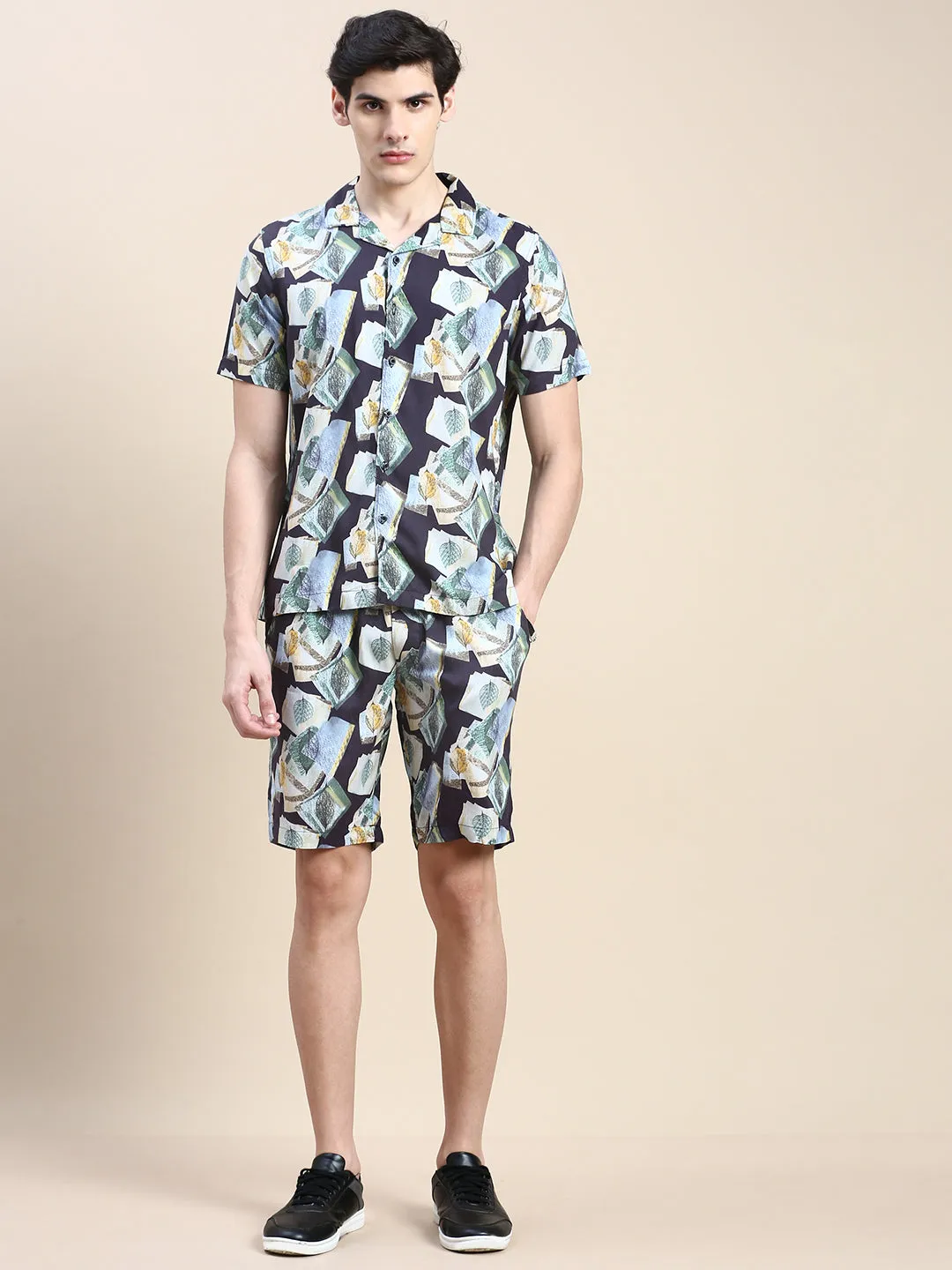 Men Multi Shirt Collar Abstract Printed Shirt & Shorts Co-Ords Set
